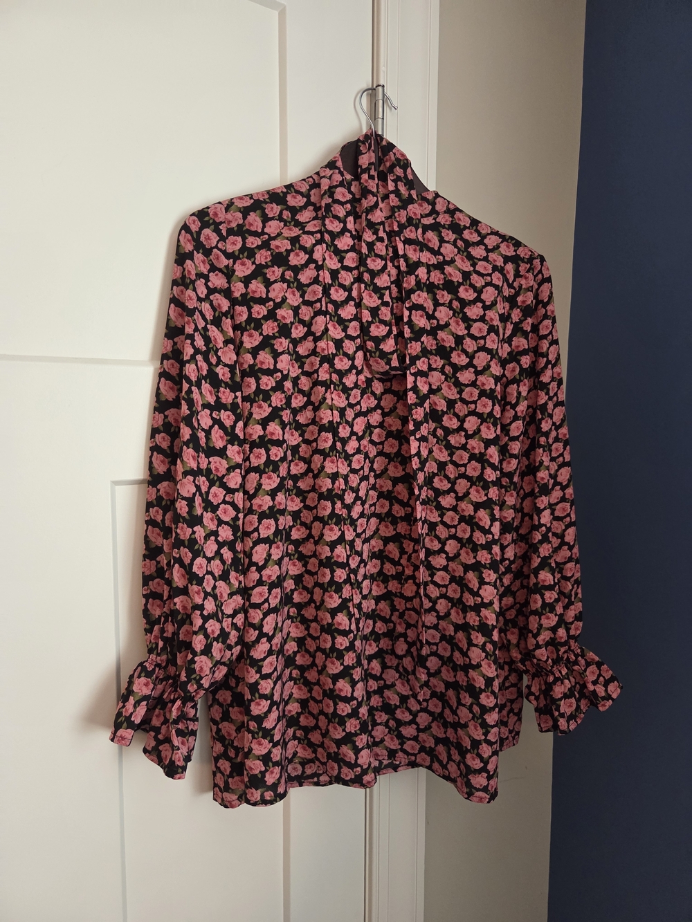 Maternity or Loose Women's Pink Floral Tie-Neck Blouse with Belt for Fit
